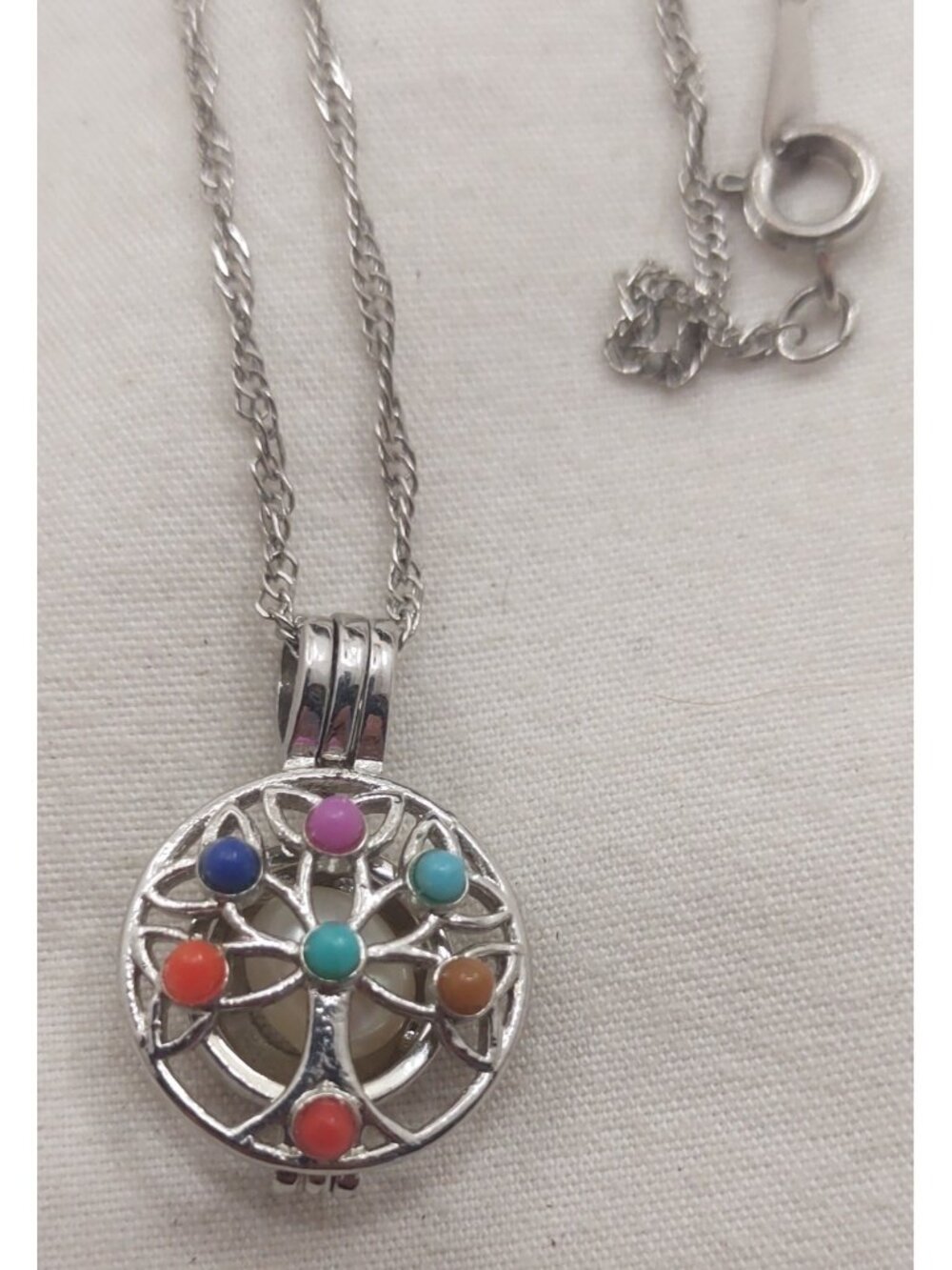 18KGP White Gold Plated Tree of Life Cage Locket Multi Stone Pendant Necklace